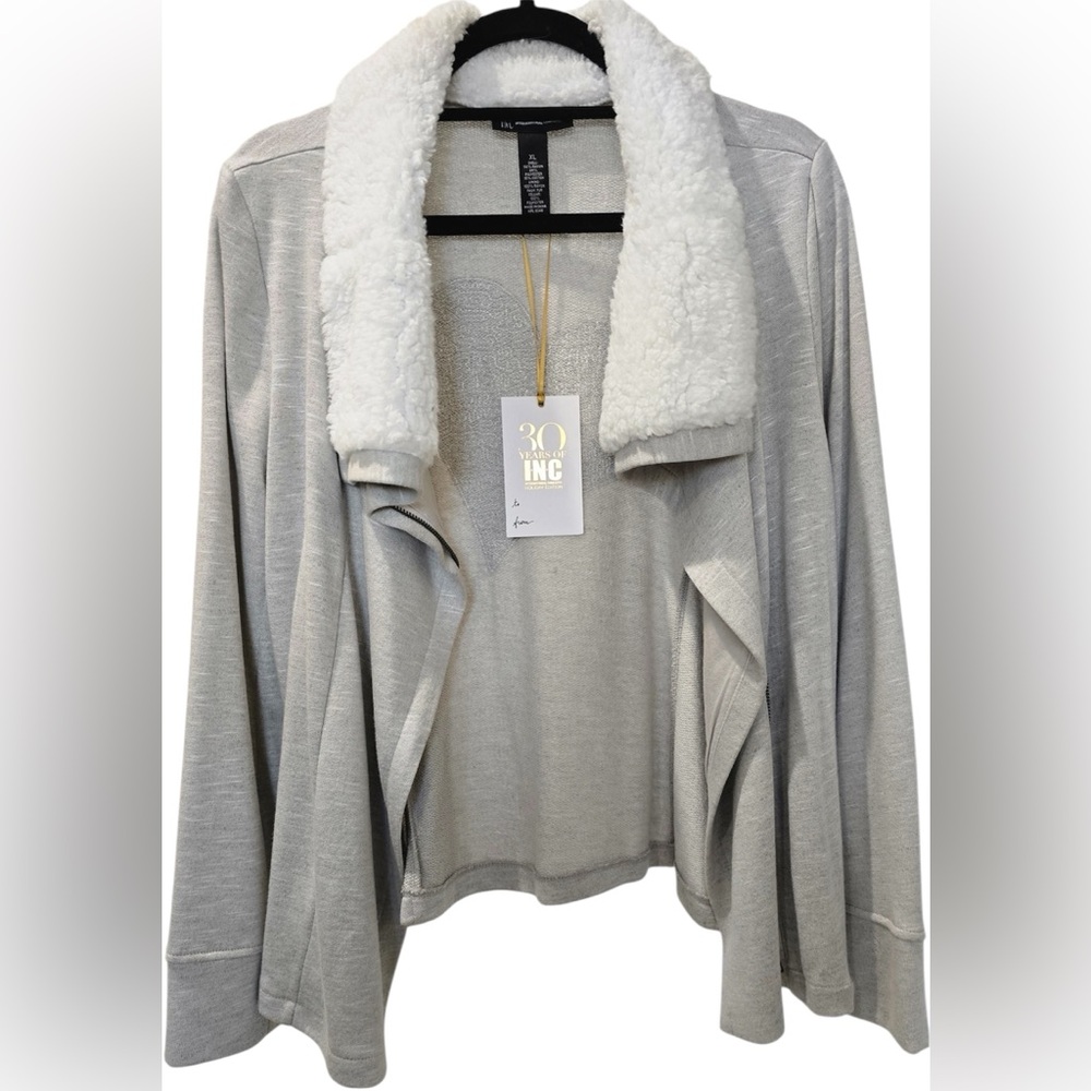 INC International Concepts Sequin Heart Sherpa-Trim Sweater Jacket